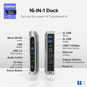 Plugable dock with two HDMI and two DisplayPort outputs for multi-monitor setups.