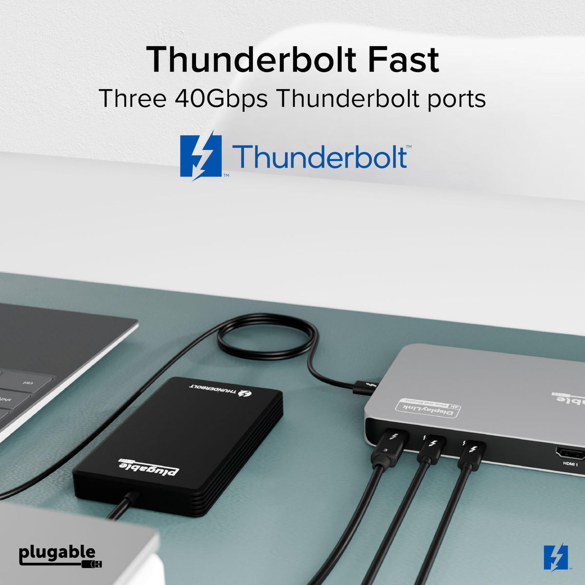 Plugable Thunderbolt 4 Dock compatible with Windows and Mac laptops for flexible setups.