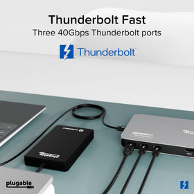 Plugable Thunderbolt 4 Dock compatible with Windows and Mac laptops for flexible setups.