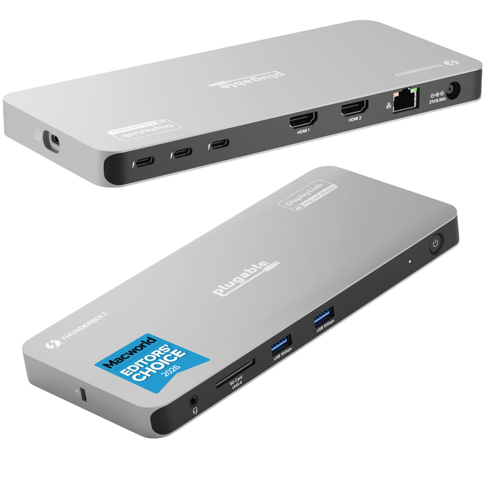 Plugable Thunderbolt 4 Dock quad displays setup for multitasking across screens.