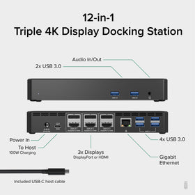 Plugable triple-4K monitor dock setup showing three screens for expansive workspace