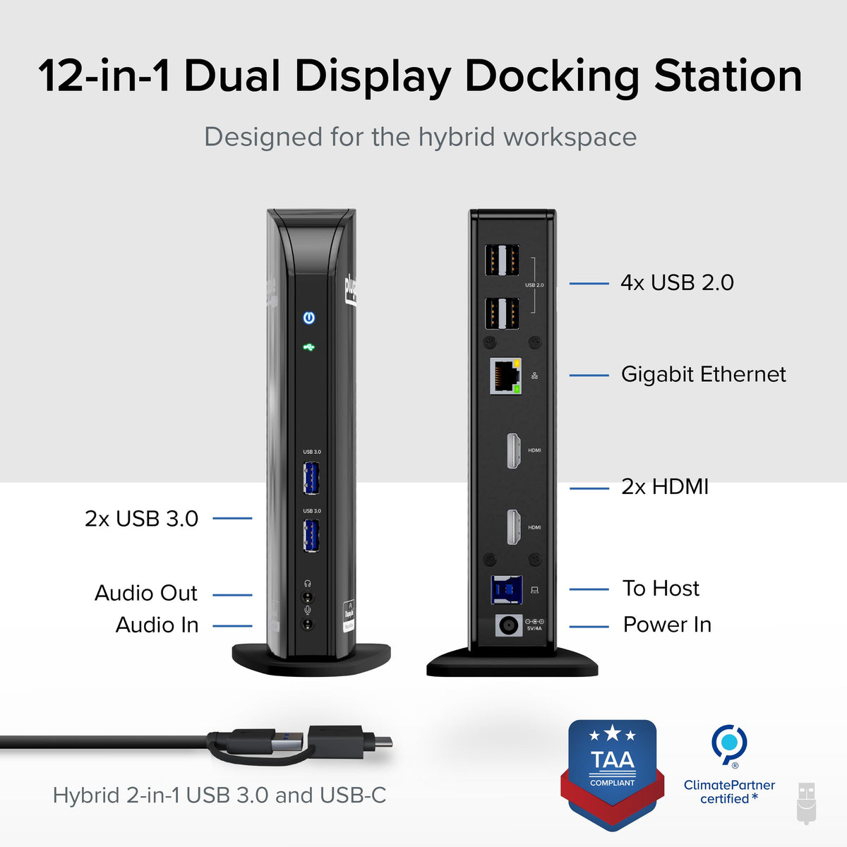 Plugable UD-3900 with USB-C and USB 3.0 hybrid cable enabling quick multi-display connectivity.