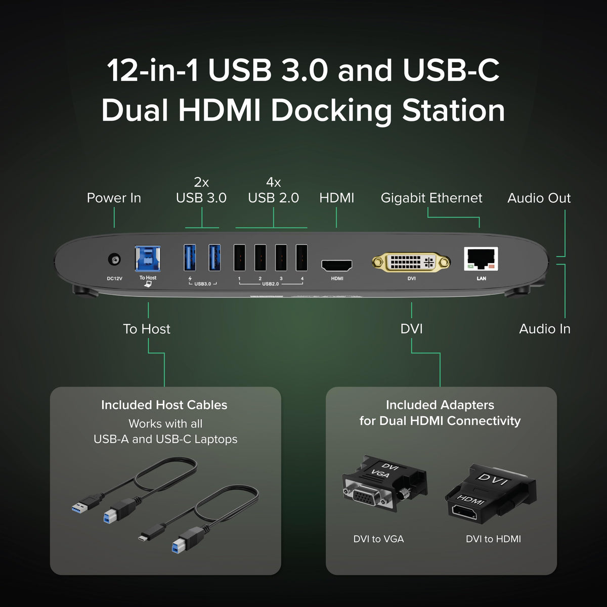 Plugable UD-3900H back panel with dual video outputs and Ethernet port