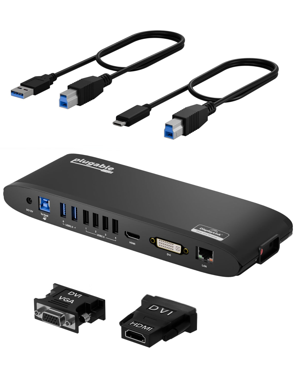 Plugable UD-3900H front view with multi-port hub for easy desk setup