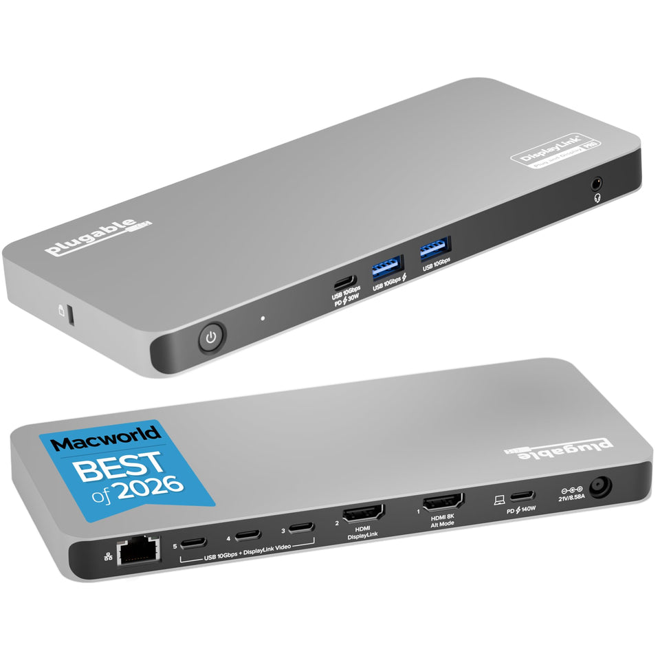 Plugable UD-7400PD front view powering five 4K displays for multitasking