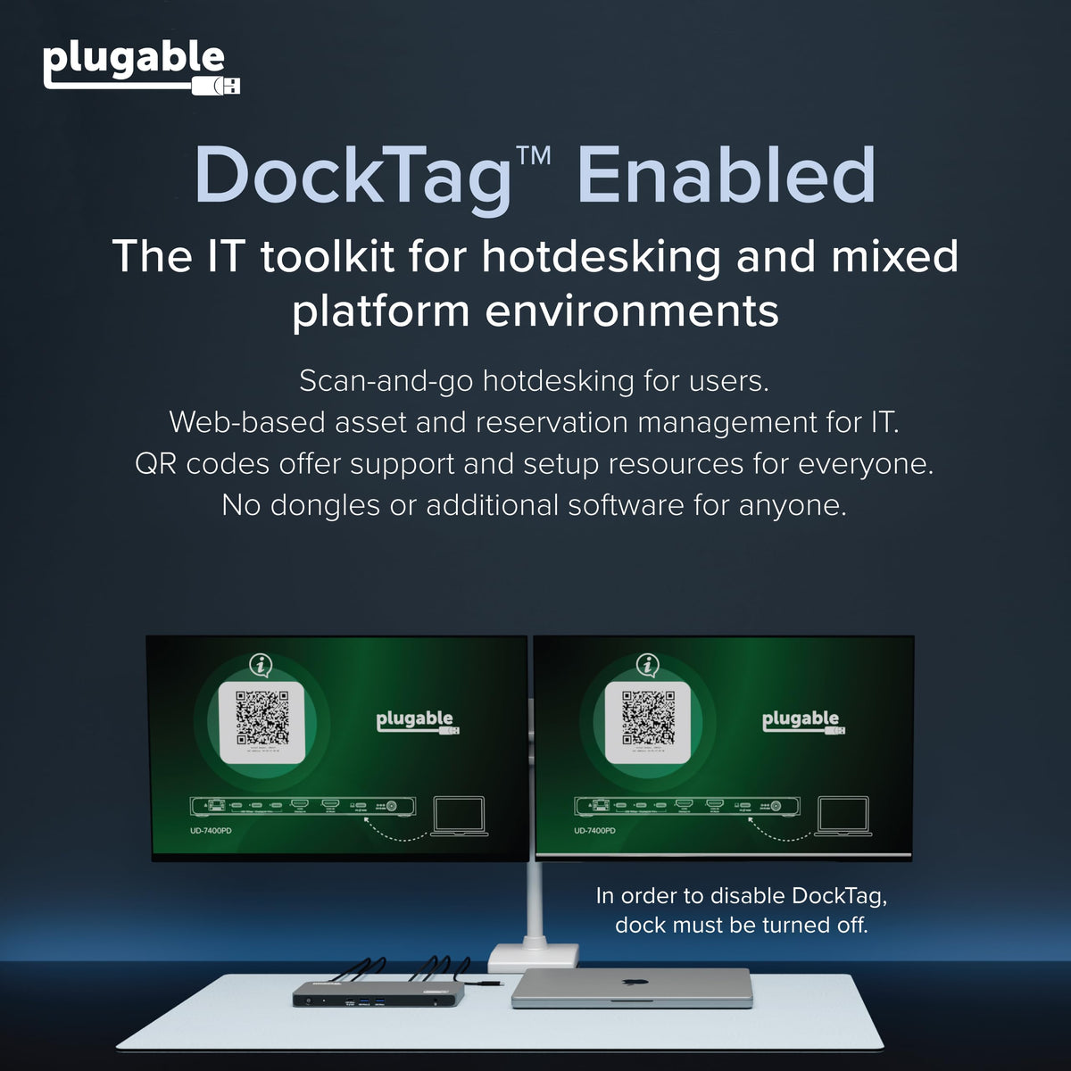 Plugable UD-7400PD on screen display shows status and quick setup guidance