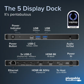 Plugable UD-7400PD rear ports showing HDMI USB-C and Ethernet connectivity