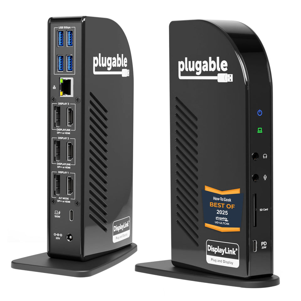 Plugable UD-ULTC4K front view with ports for desk setup