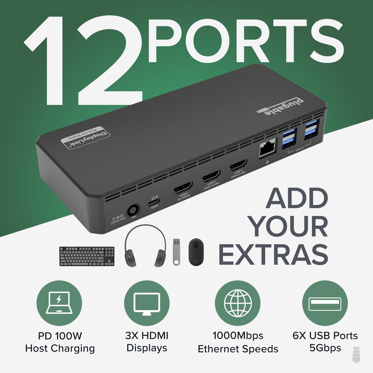 Plugable USB-C triple display dock back ports showing HDMI, USB, and ethernet connectivity