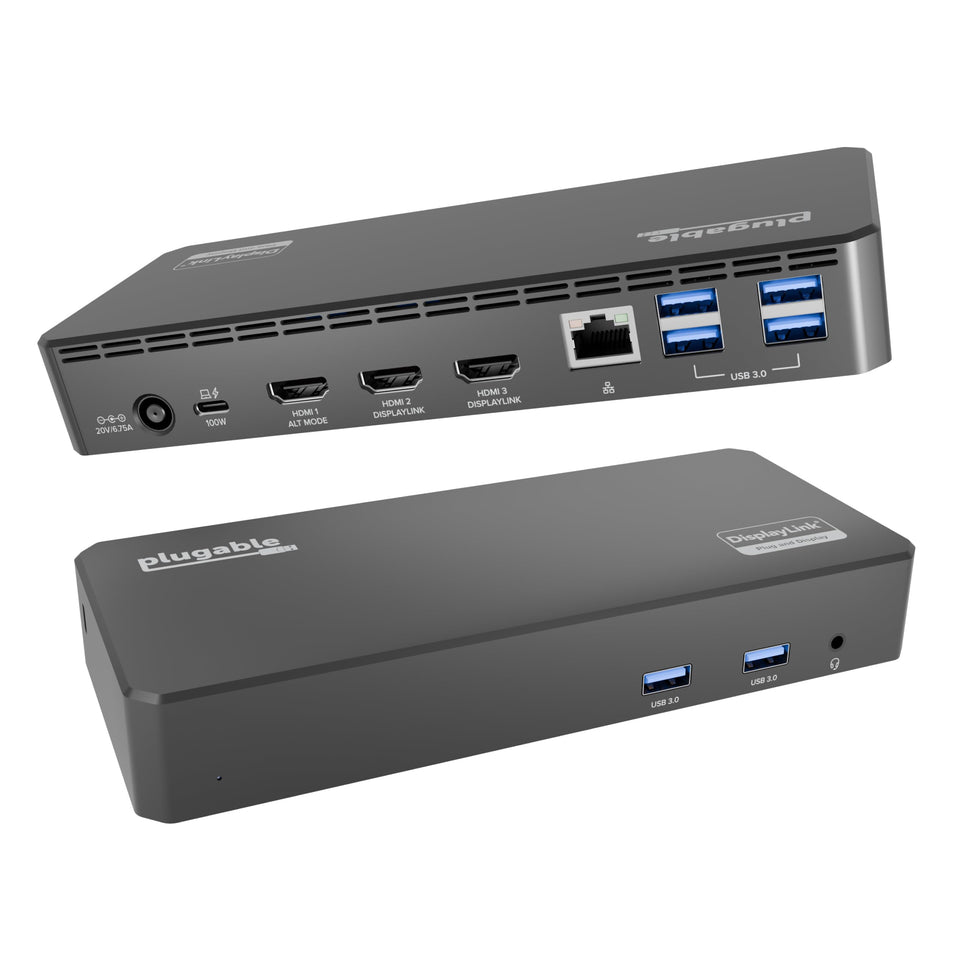 Plugable USB-C triple display dock front view for compact, productive desk setups