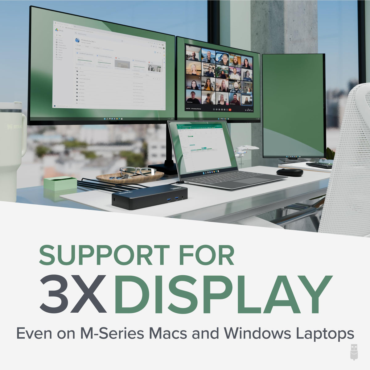Plugable USB-C triple display dock on MacBook setup illustrating multi-monitor compatibility