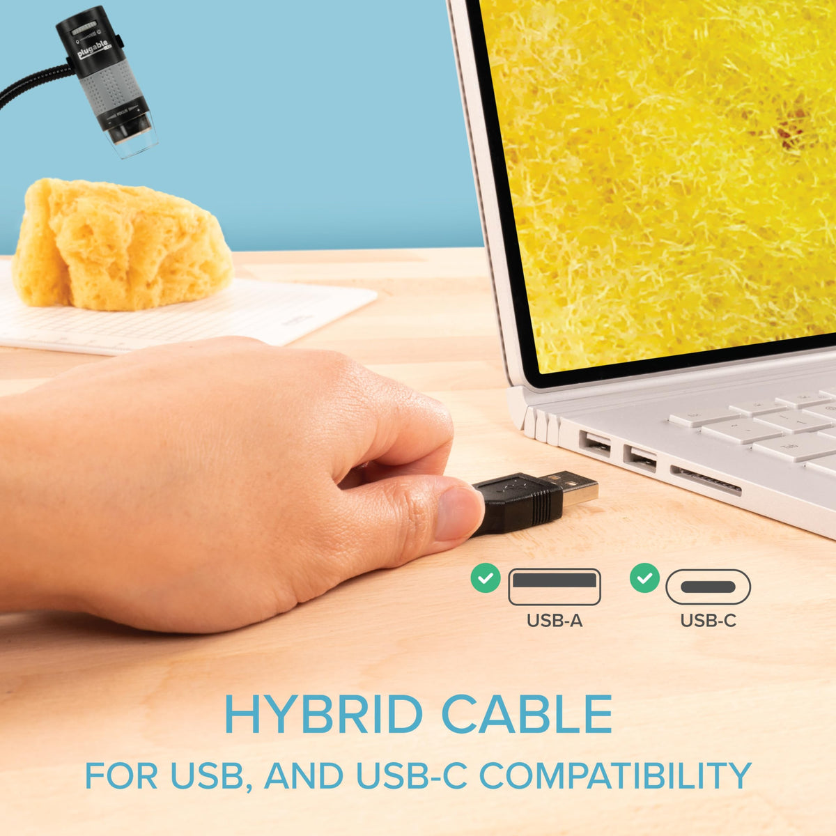 Plugable microscope with flexible arm stand for hands-free use