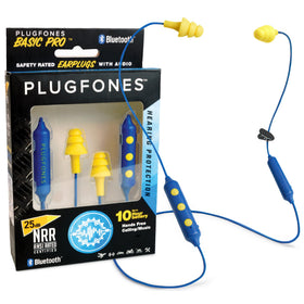 Plugfones Basic Pro front view showing blue and yellow earplugs and benefits of protection