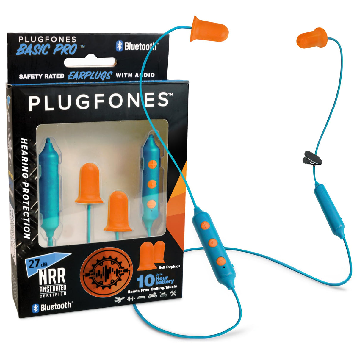 Plugfones front view showing earbuds and cable, brand safety and audio