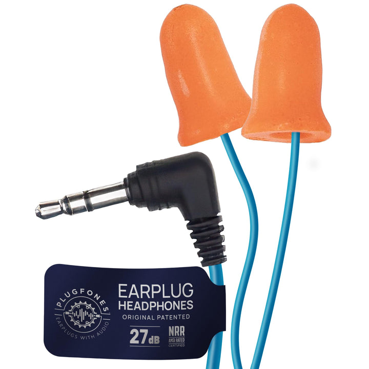 Plugfones front packaging showing brand and orange foam earplugs for protection