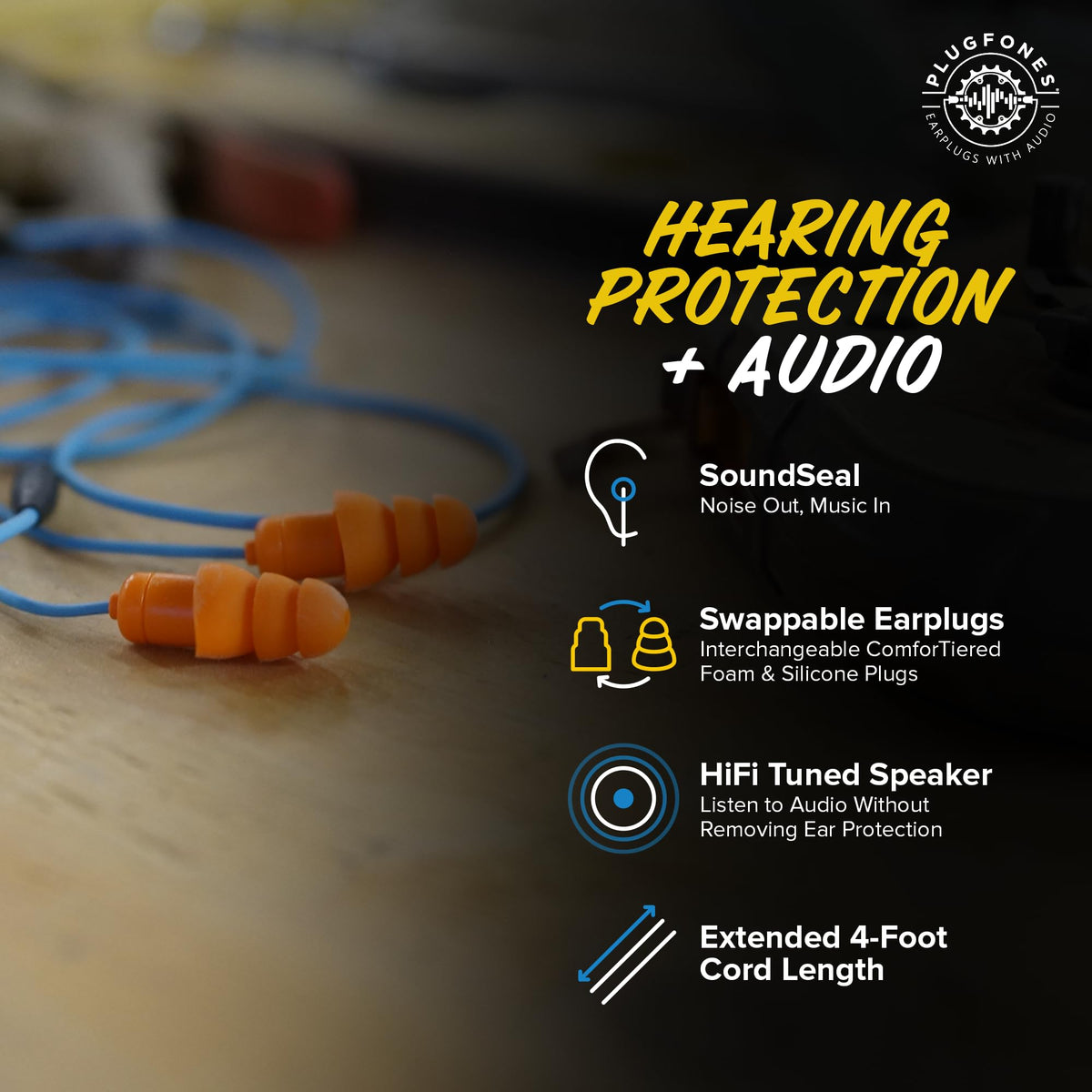 Plugfones Guardian earplug headphones on rugged construction for long shifts