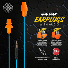 Plugfones Guardian earplug headphones foam tip close-up showing secure fit and durability