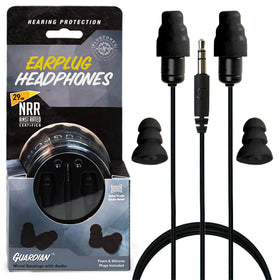 Plugfones Guardian earplug headphones reduce noise for busy worksites.