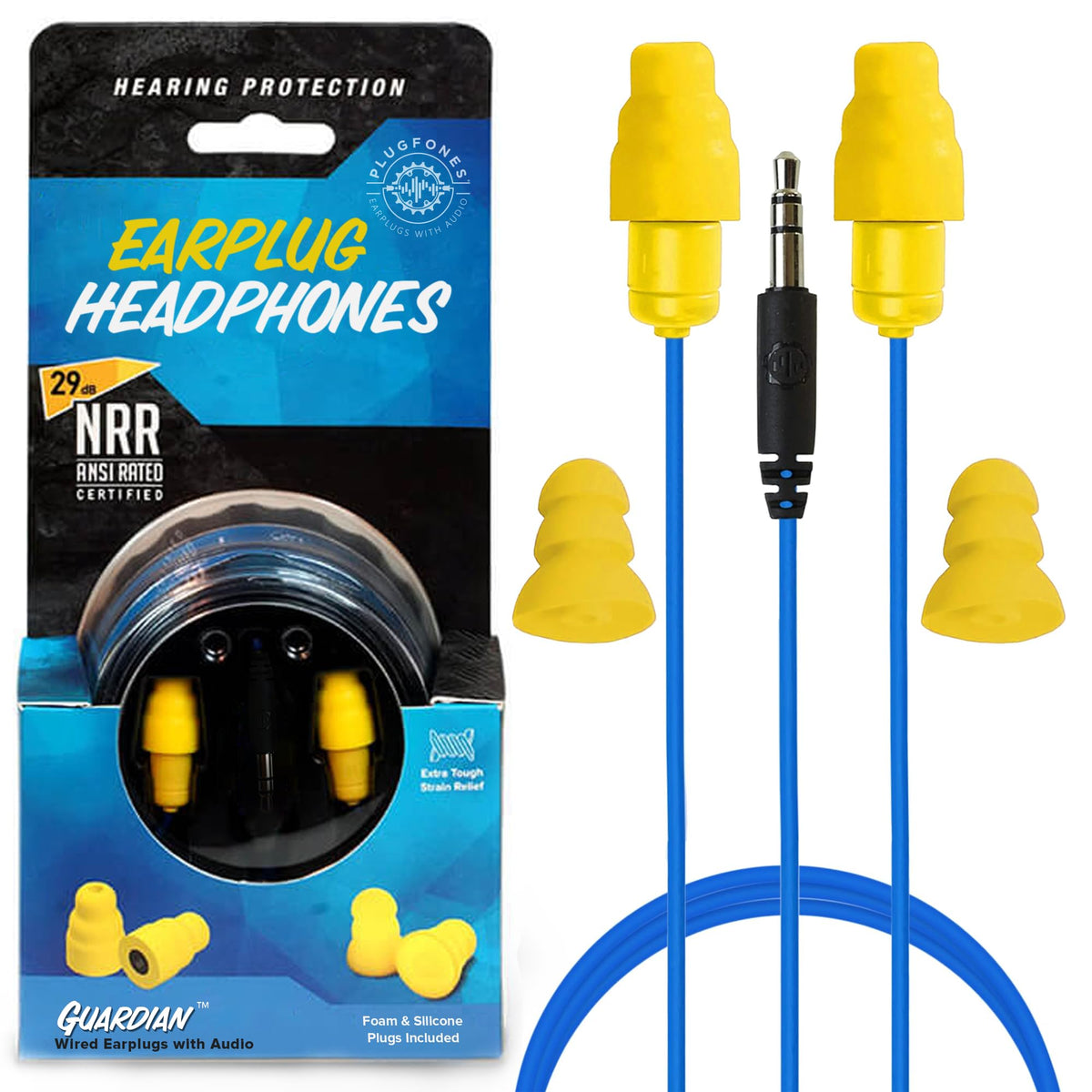 Plugfones Guardian Earplug Headphones with noise reduction for noisy work environments.