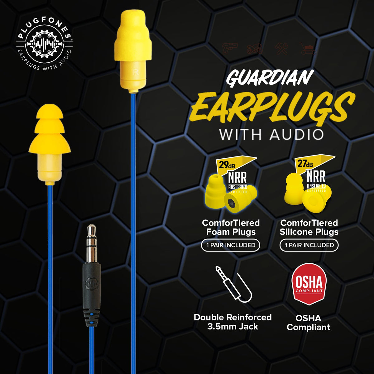 Plugfones Guardian Earplug Headphones OSHA-compliant protection for loud job sites.