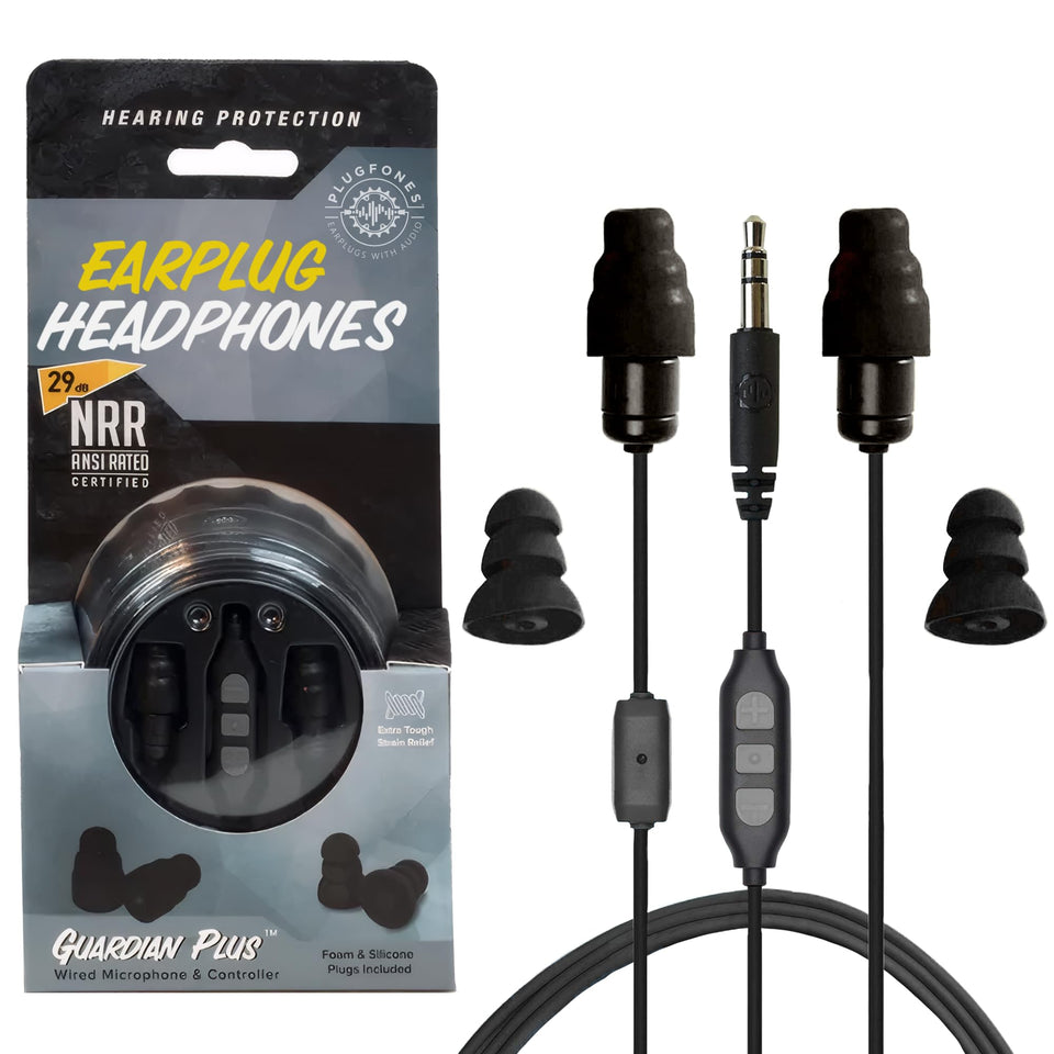 Plugfones Guardian Plus with noise-reducing earbuds for loud environments and protection