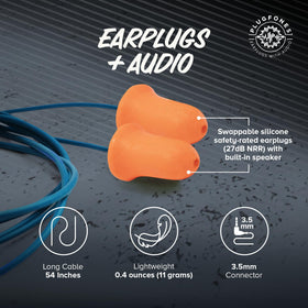 Person wearing Plugfones at gym demonstrating hearing protection with audio