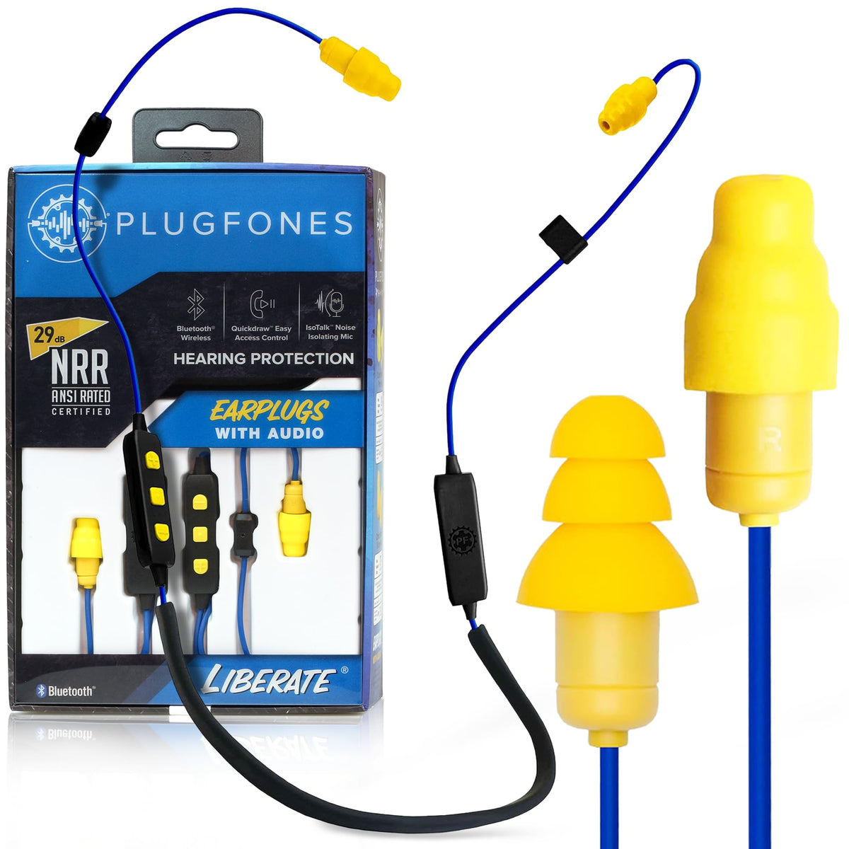 Plugfones Liberate 2.0 blue-yellow earbuds for immersive wireless listening