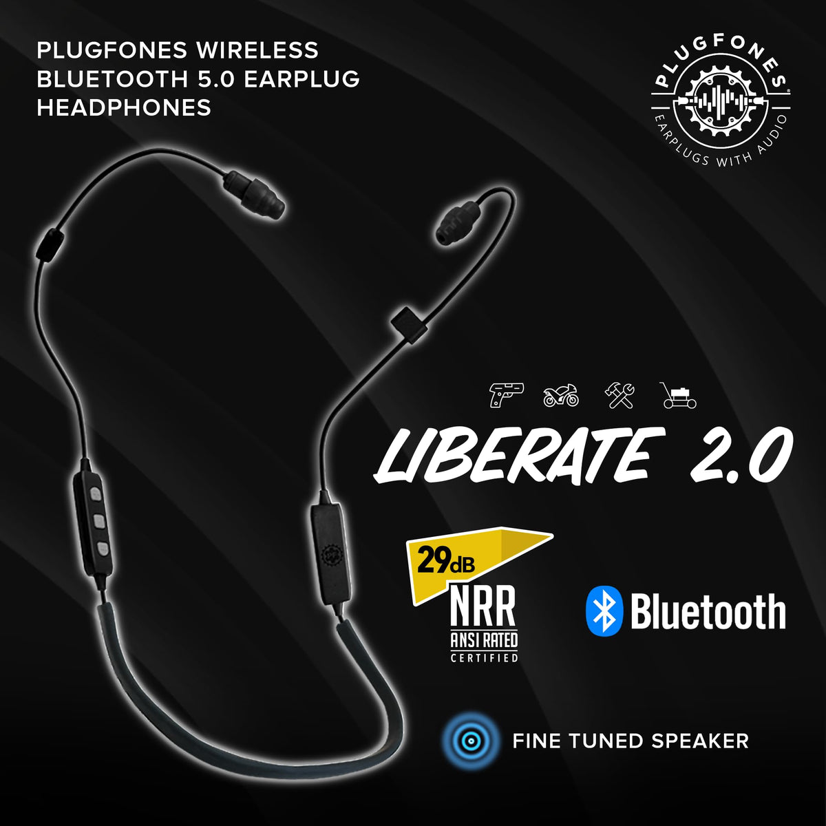 Plugfones Liberate 2.0 Bluetooth headphones with crystal-clear calls using IsoTalk mic.