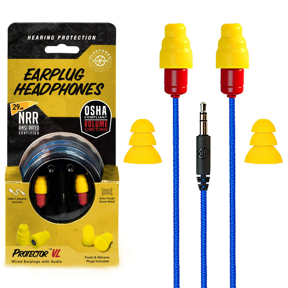 Plugfones Protector blue-yellow earbuds in packaging, highlighting OSHA-compliant protection.