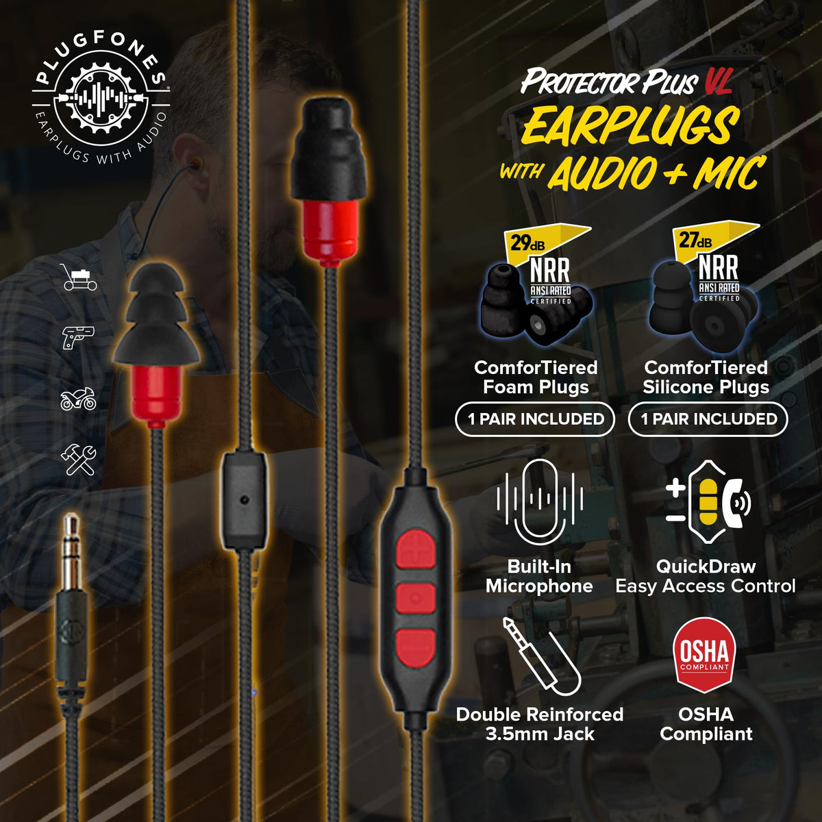 Plugfones close-up of earplug speaker showing comfort and seal