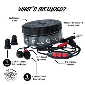 Plugfones earbud fitted in ear demonstrating secure fit and noise isolation