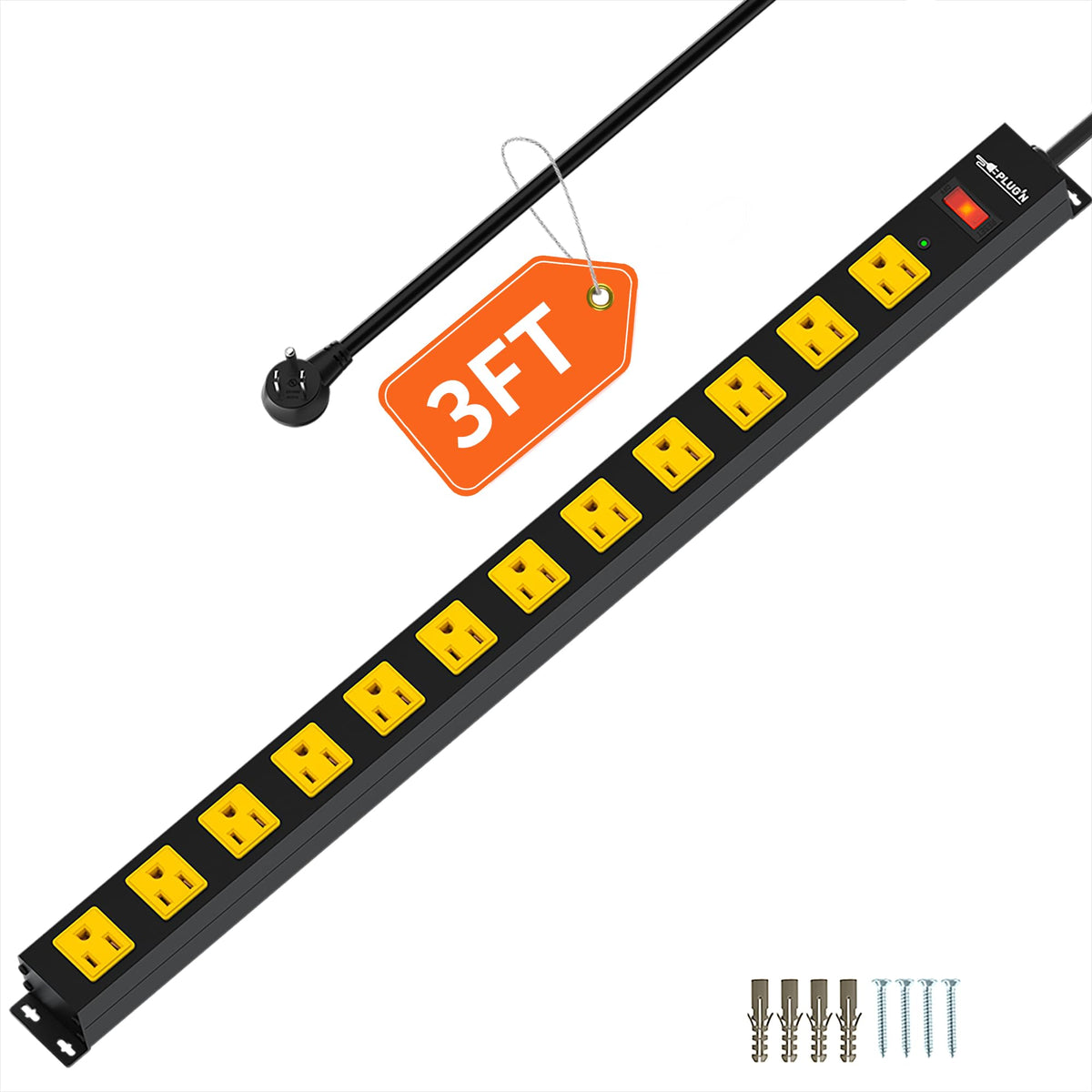 Plug'n front view of 12-outlet power strip showing layout and compact profile for organized power