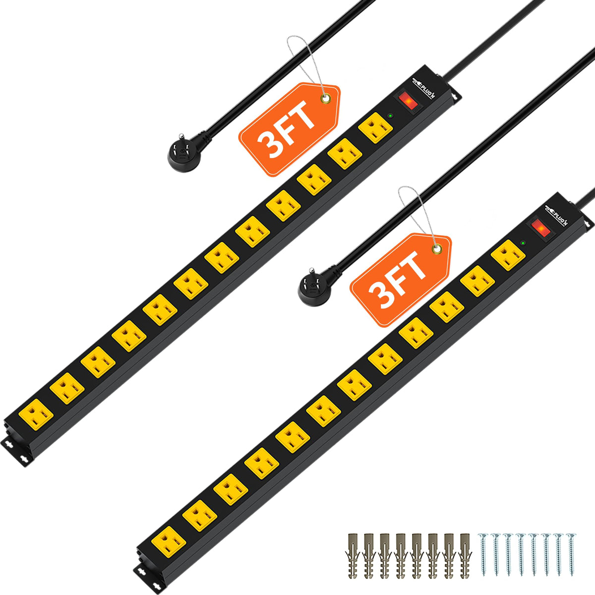 Plug'n 12-outlet power strip with flat plug for space-saving setup.