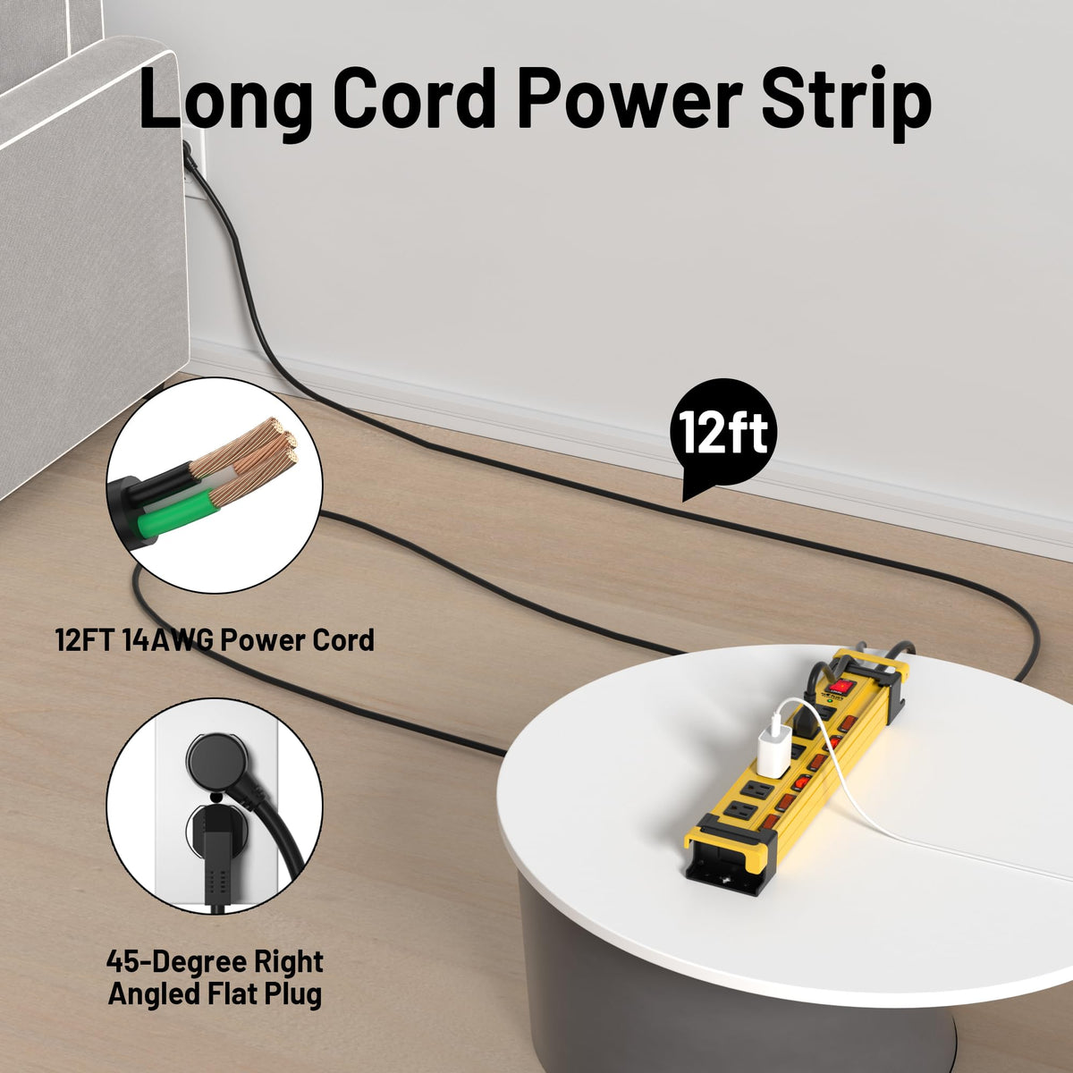 Plug'n coiled 12ft heavy duty cord showing length and durable gauge for flexible placement