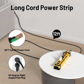 Plug'n coiled 12ft heavy duty cord showing length and durable gauge for flexible placement