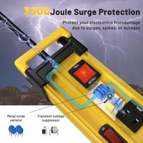 Plug'n 3300J surge protector back panel with EMI protection for safer equipment.