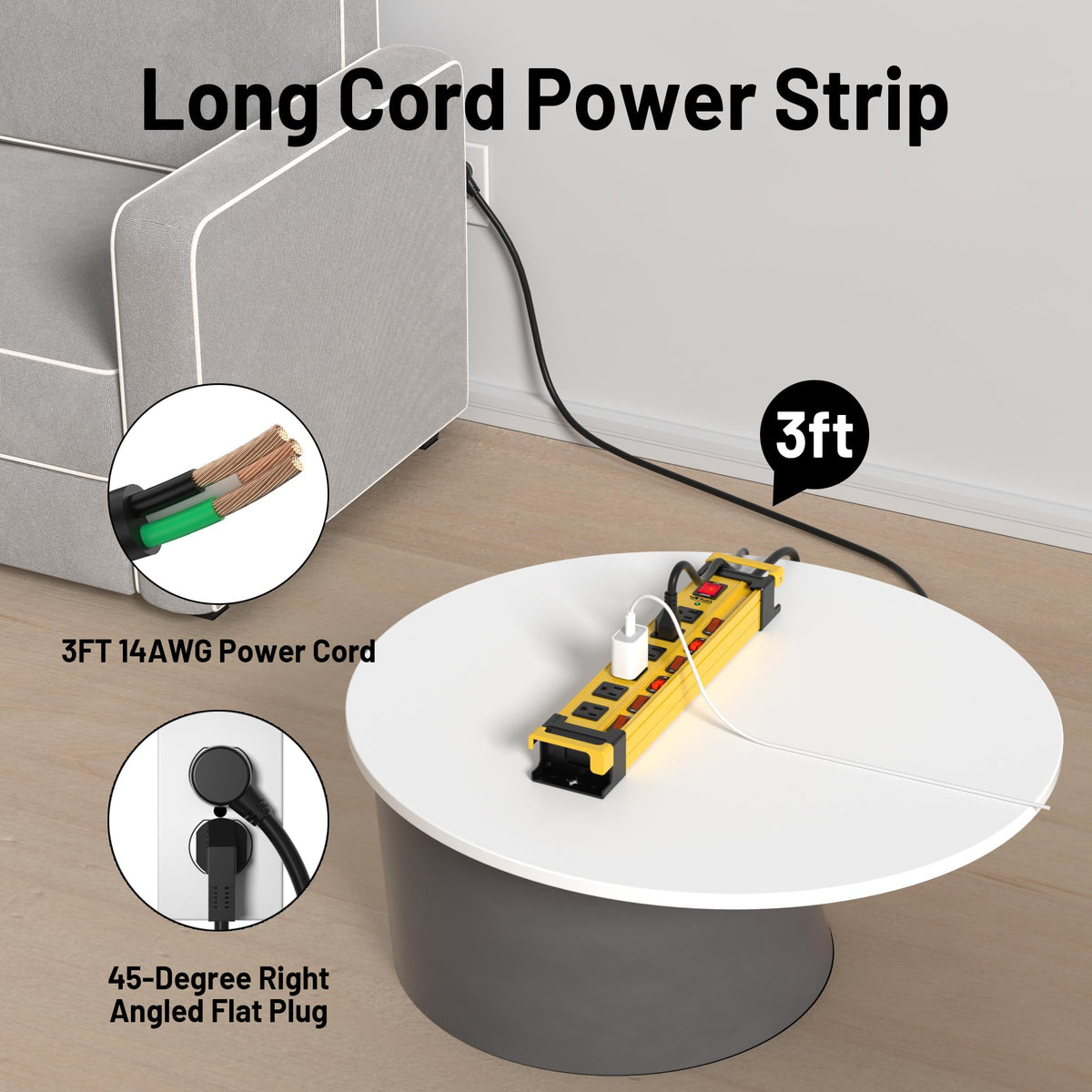 Plug'n 3ft 14AWG cord displayed for heavy-duty current handling