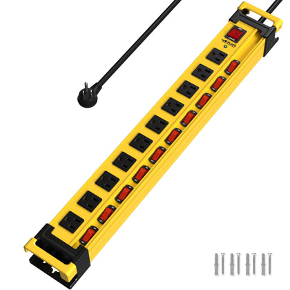 Plug'n front view metal power strip showing ten outlets and master switch benefit organized power
