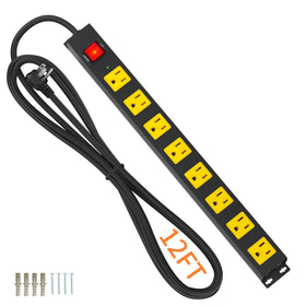 Plug'n front view metal power strip showing eight outlets and compact profile for reliable power