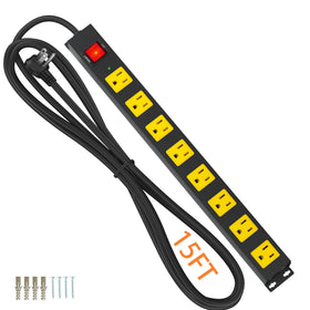 Plug'n front view metal power strip showing all eight outlets and switch, organized power