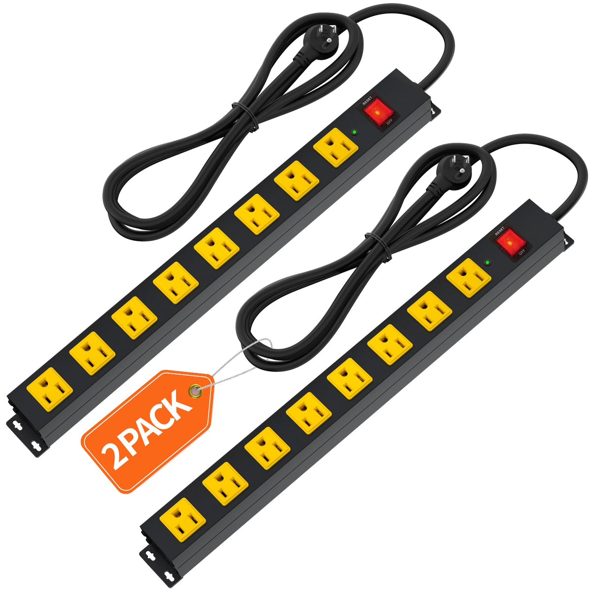 Plug'n front view of metal power strip showing eight outlets and durable finish benefits organization