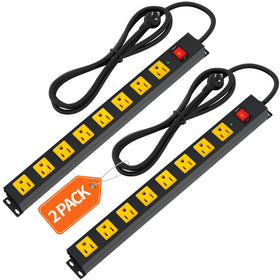 Plug'n front view of metal power strip showing eight outlets and durable finish benefits organization