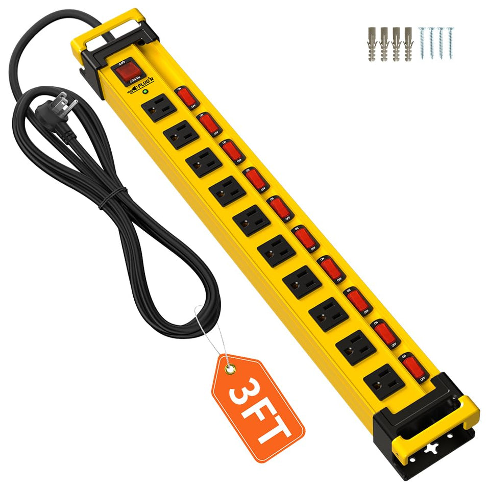 Plug'n front view metal power strip showing ten outlets and master switch for heavy-duty use