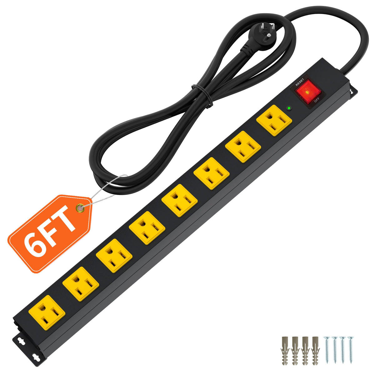Plug'n front view of 8-outlet metal power strip shows durable design and organized power