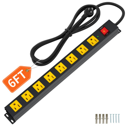Plug'n front view of 8-outlet metal power strip shows durable design and organized power