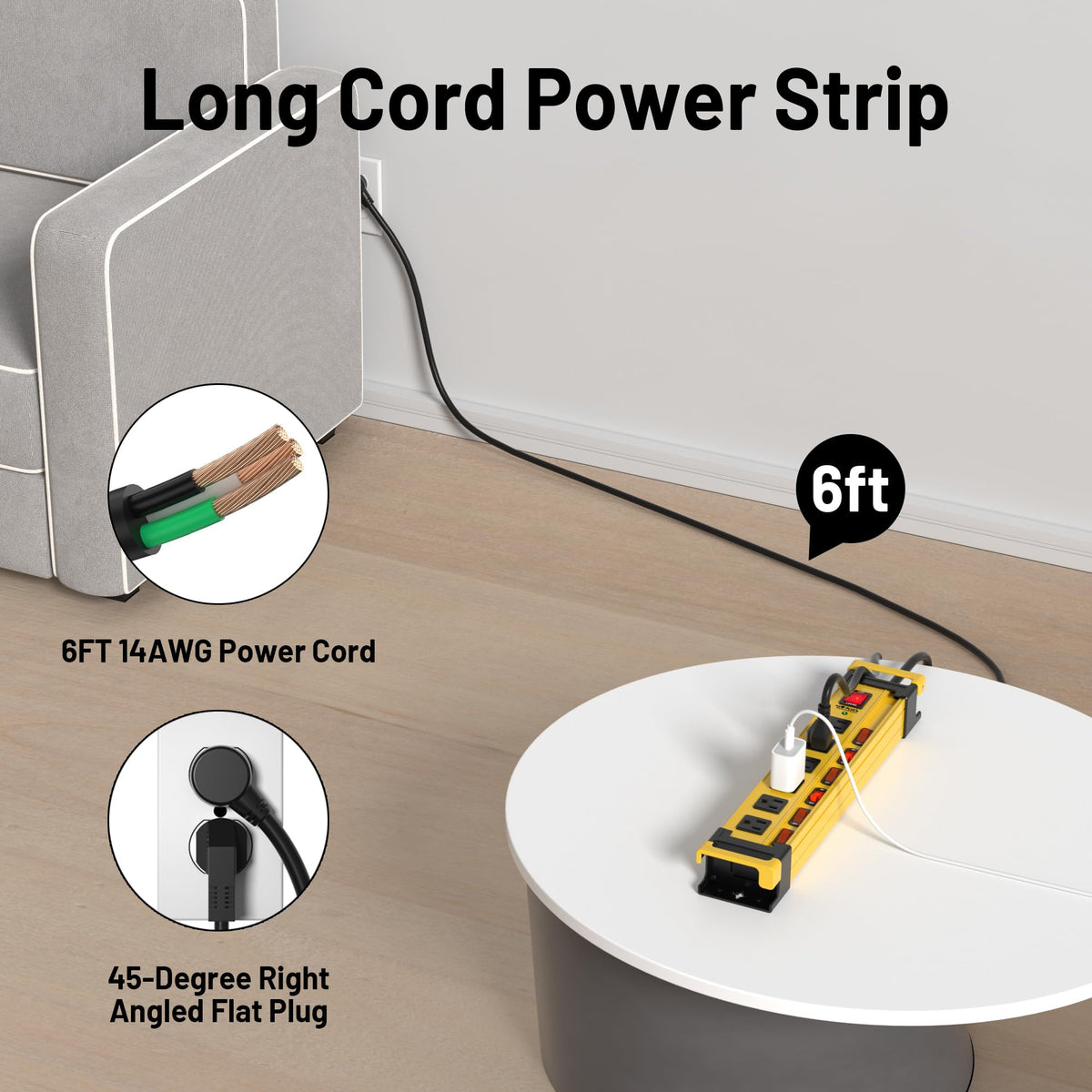 Plug'n power strip with recessed switches prevents accidental pressing during work.