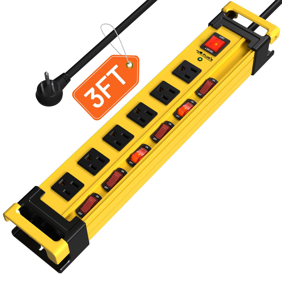 Plug'n front view showing six outlets and metal housing for durable protection