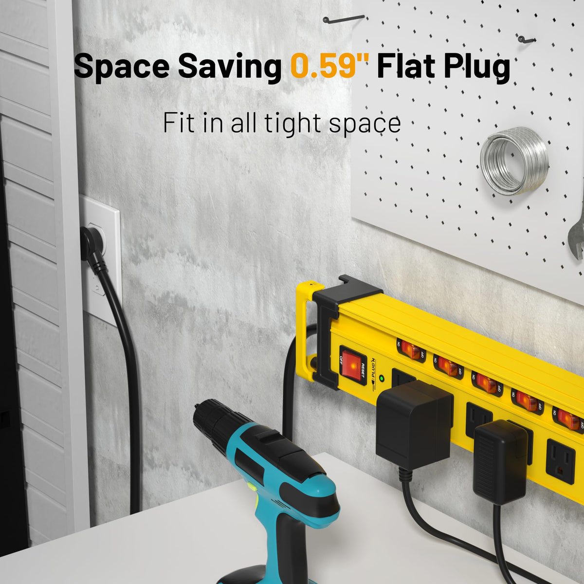 Plug'n outlet spacing close-up showing 1.69-inch gaps for bulky plugs and better fit