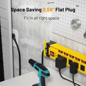Plug'n outlet spacing close-up showing 1.69-inch gaps for bulky plugs and better fit