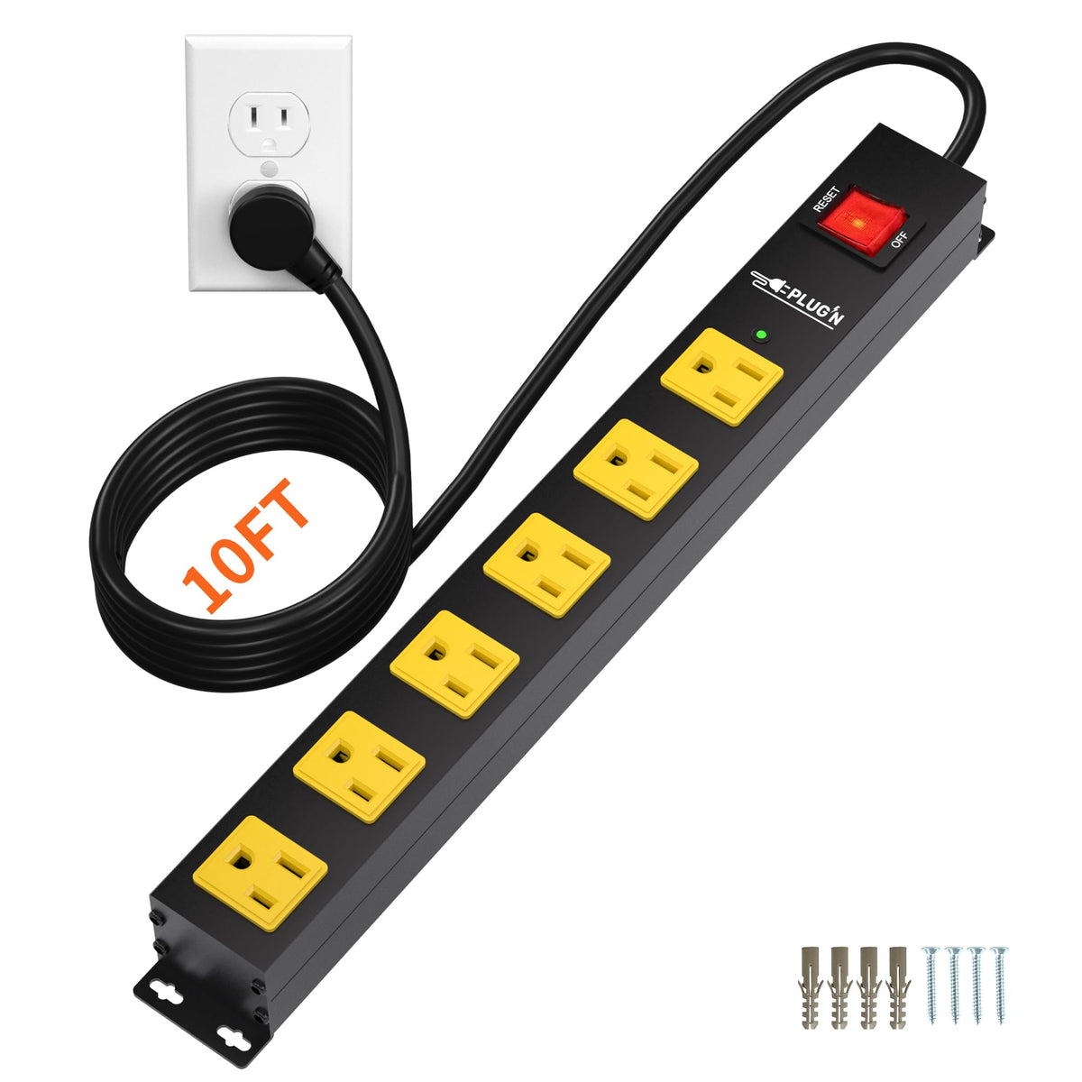Plug'n power strip with 2700J surge protection safeguards electronics at home and in the office.